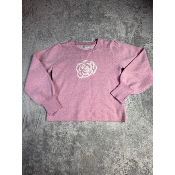 Cynthia Rowley Sweaters - Cynthia Rowley Pink Rose Intarsia Knit Puff Sleeve Crewneck Sweater Womens M